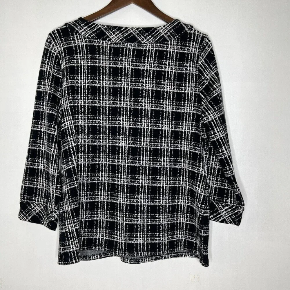 Talbots Sabrina Black Plaid 3/4 Sleeve Round Neck Pullover Sweater Size Large - Picture 7 of 7
